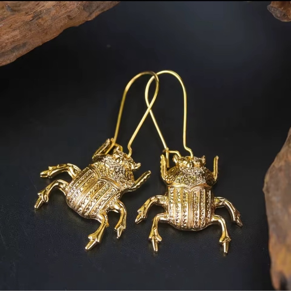 Gold Scarab Beetle Drop Earrings - Picture 5 of 5